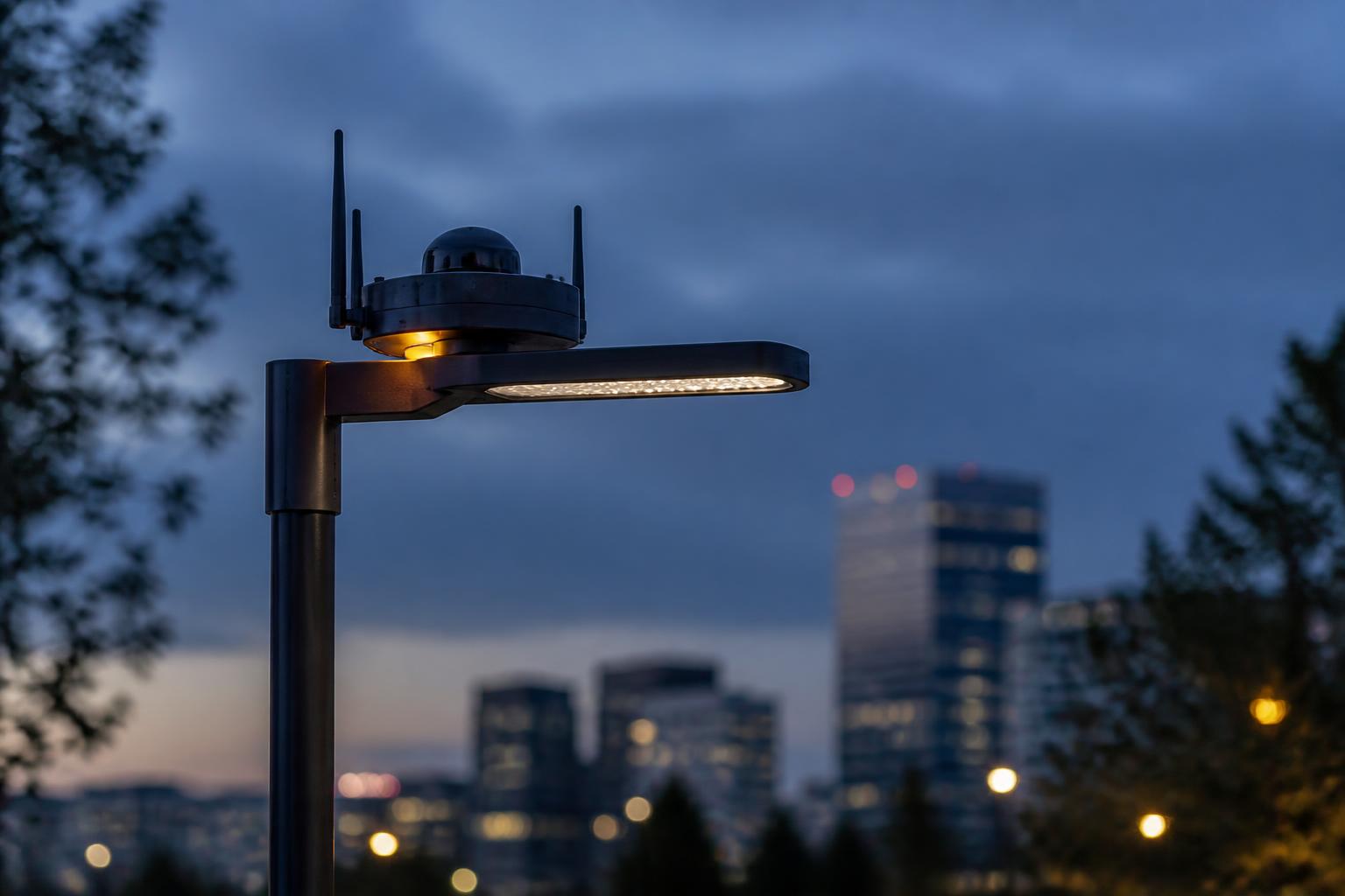 DefendUAS sensor node mounted on a streetlight in an urban environment