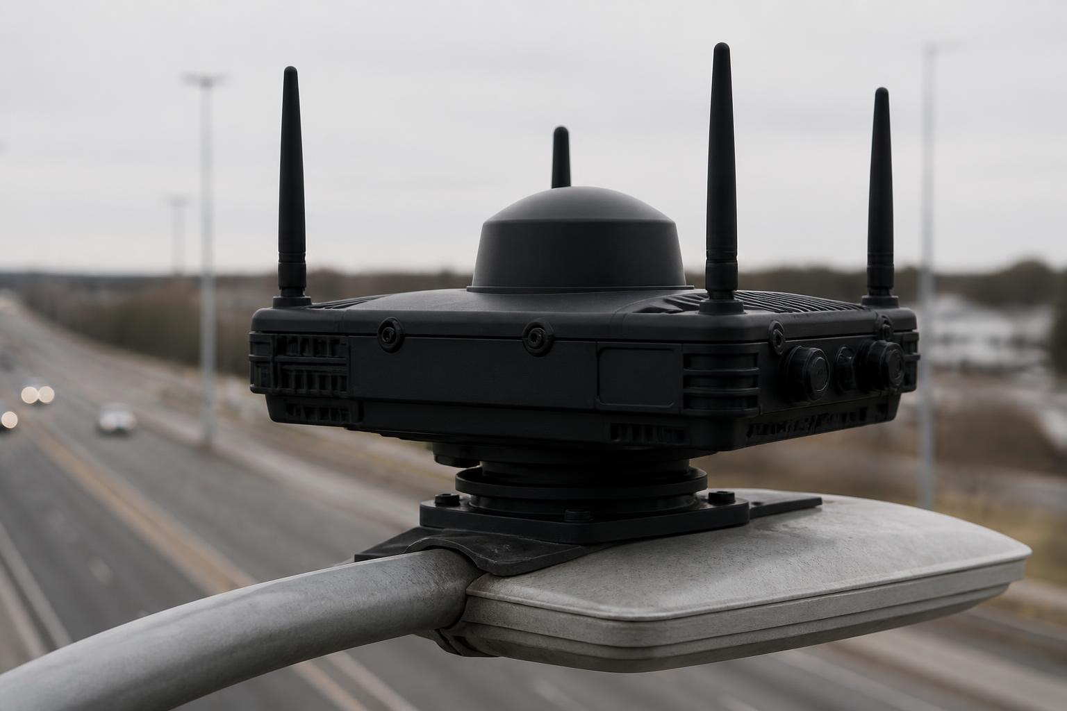 Close-up of the DefendUAS sensor platform mounted on a streetlight fixture