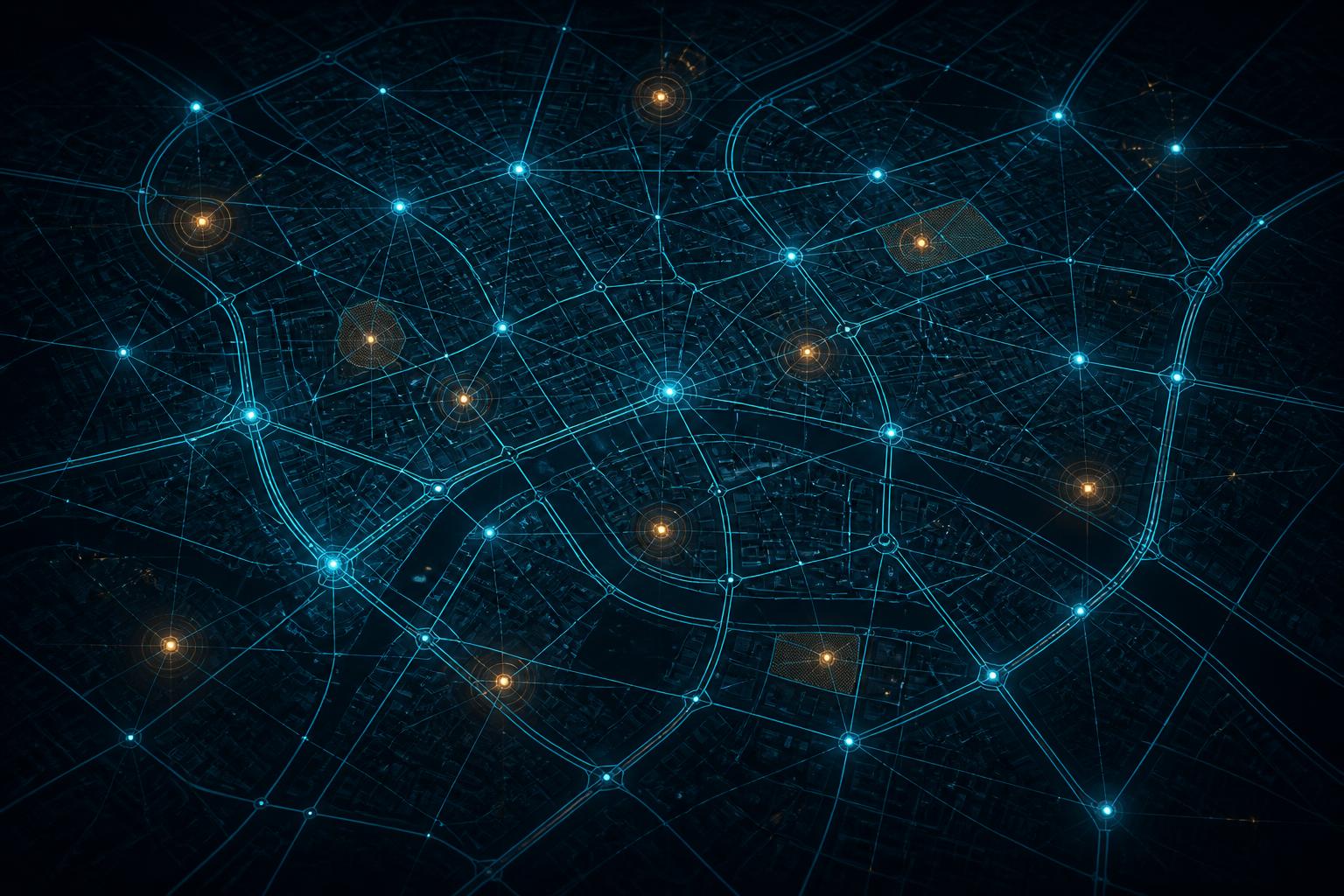 Tactical view of a city grid with connected detection nodes